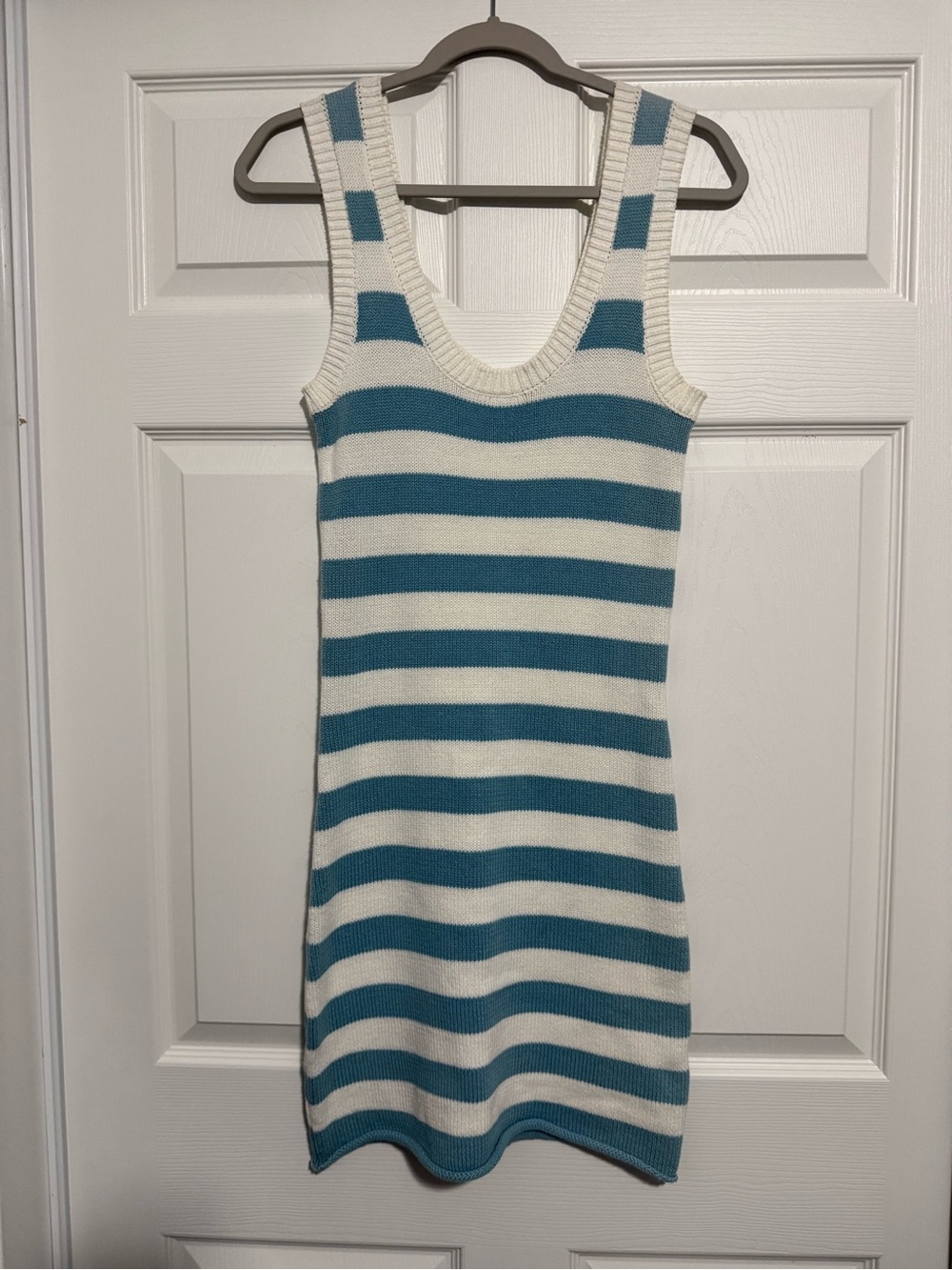 Olivaceous Teal and White Striped Knit Tank Mini Dress
